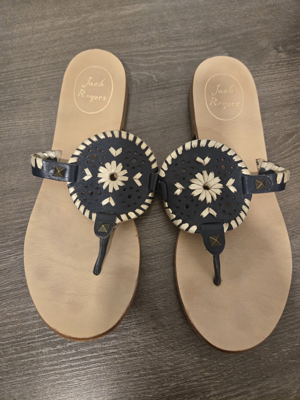 Jack Rogers Navy Blue and Natural Leather Medallion Thong Sandals
